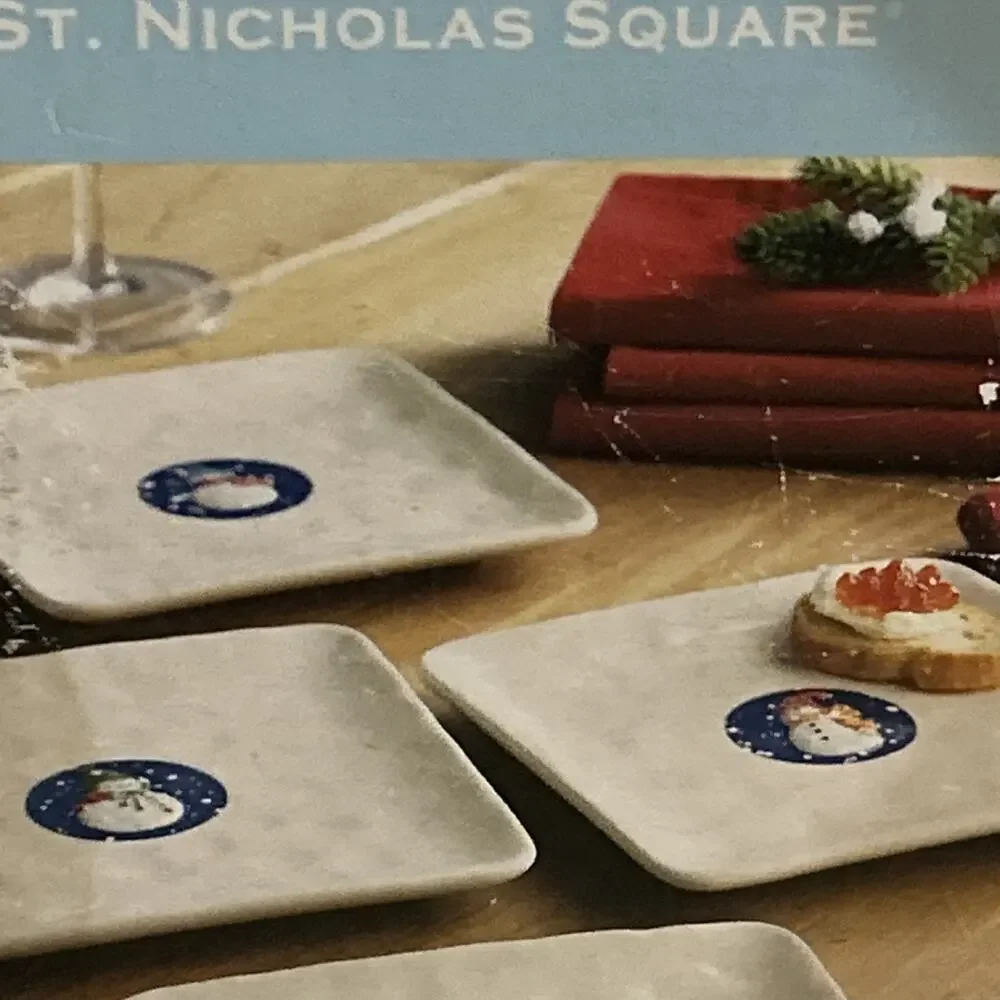 St.‎ Nicholas Square SNOW DAYS Appetizers Plate Set 4Pc Snowman Snowflakes White